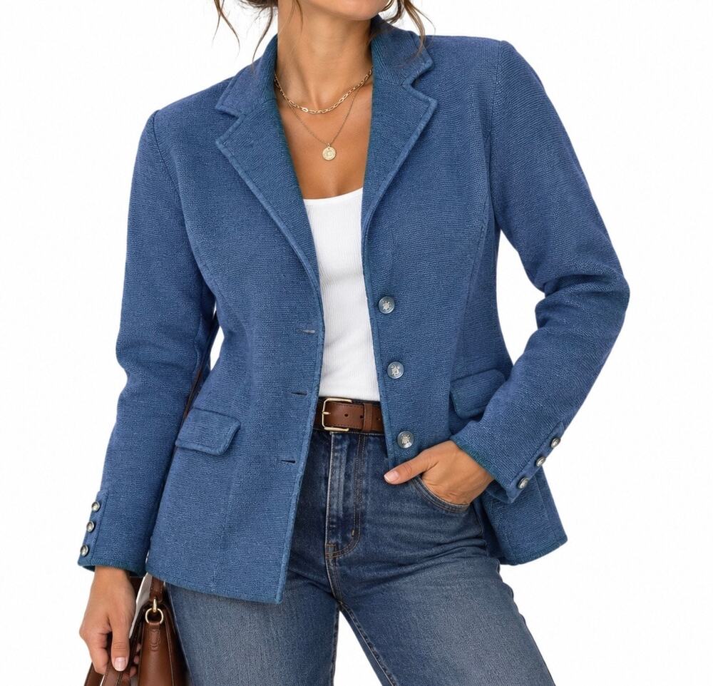 Talbots Blue 100% Merino Wool Knit Blazer Cardigan Size Medium